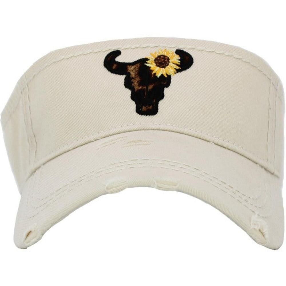 Leopard Steer Skull Embroidered Distressed Sun Visor – Stone